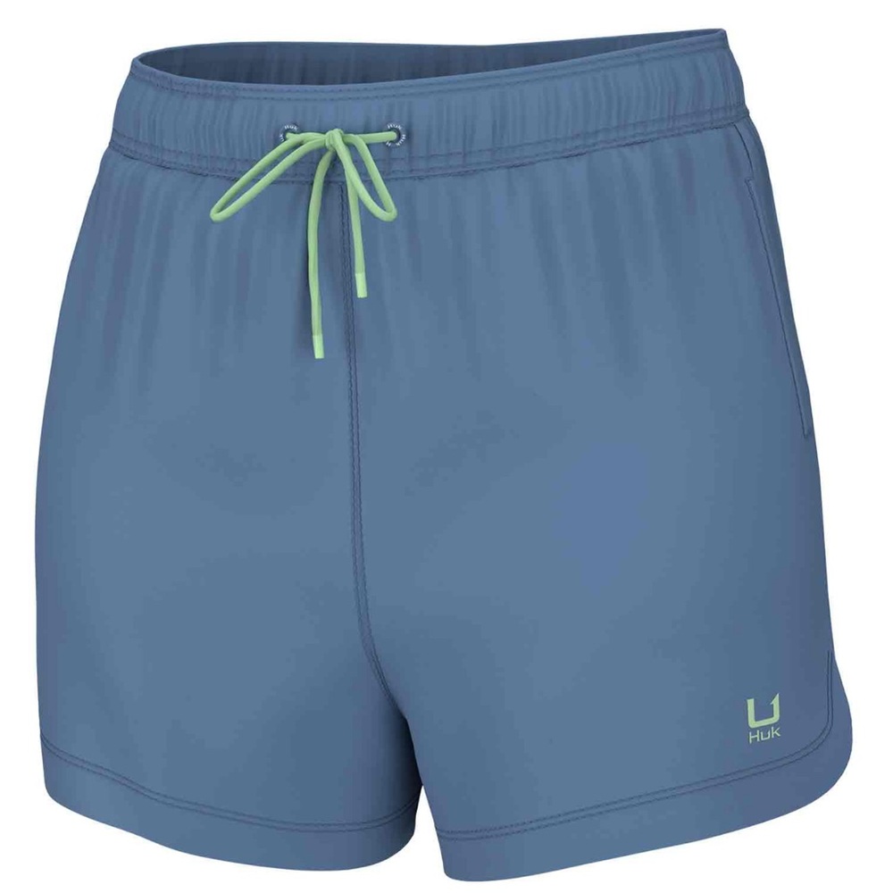 HUK Women’s Athletic Volley Shorts Blue Lime Drawstring Size L NWT